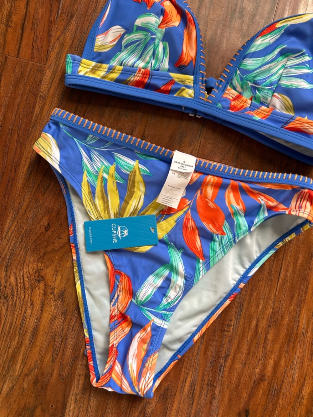 Cupshe Blue Tropical Triangle Bikini Set with Orange & Green Leaf Print - Picture 3 of 10